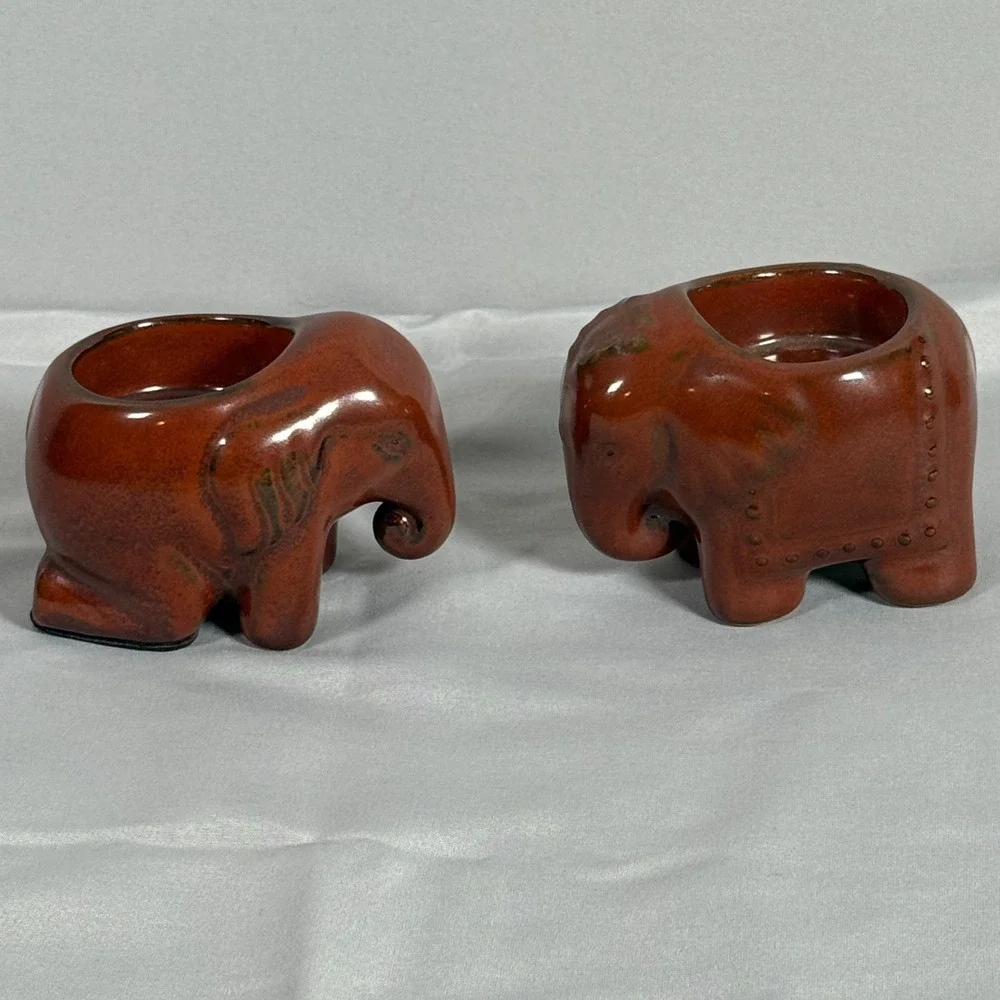 2 Partylite Elephant Votive Tea Light Candle Holders VTG Brown‎ Thai EUC